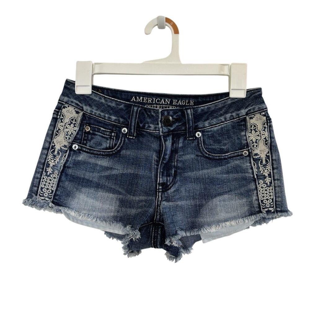 American Eagle Low Rise Shortie Shorts 4 Crochet Festival Y2K Cut Offs Raw Hem